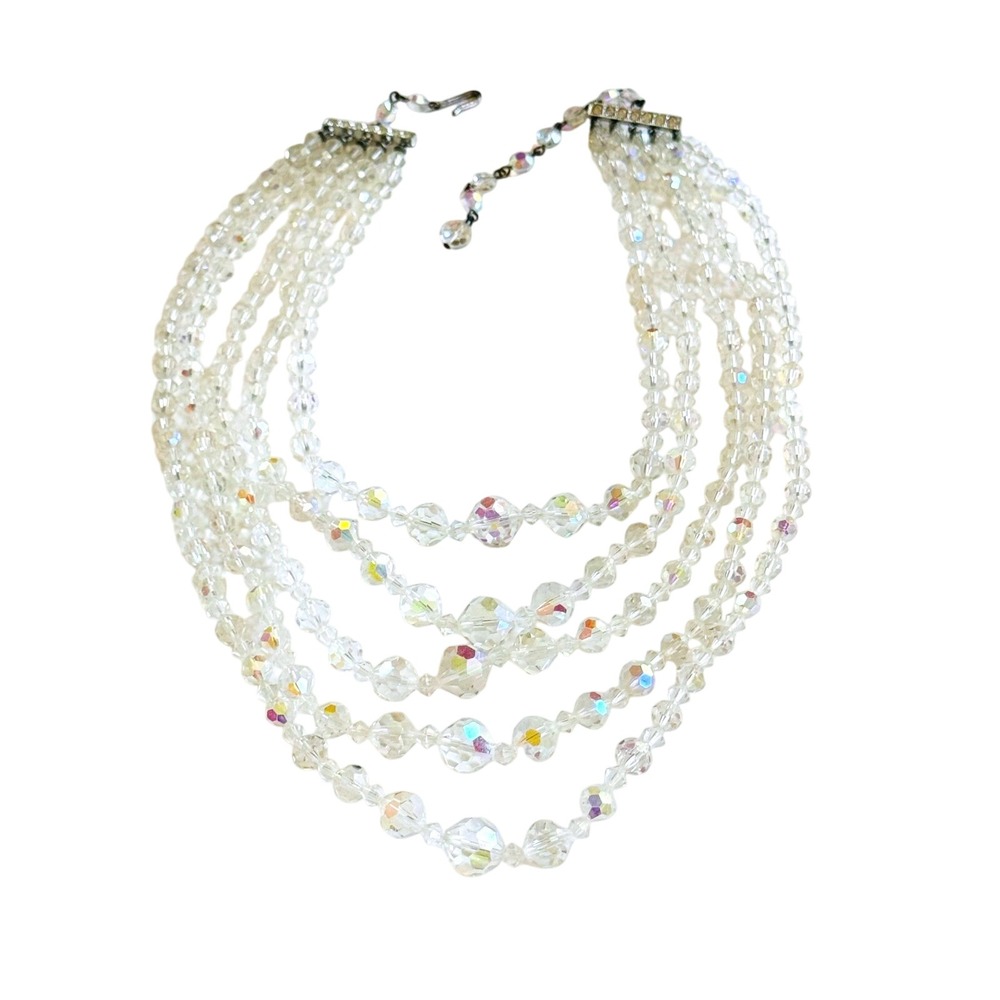 Vtg Austrian Multi 5 Strand Necklace Aurora Borealis Crystal Faceted 1960s 17"